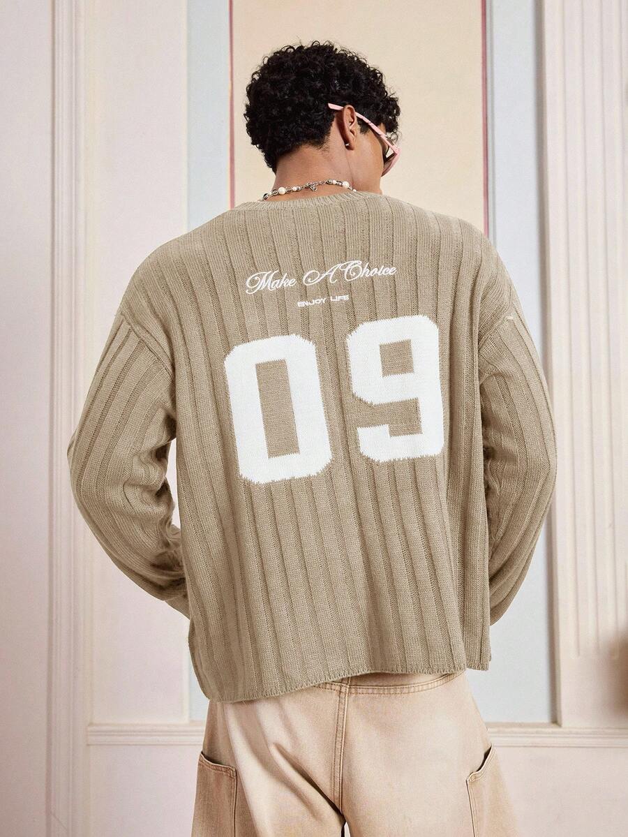 SWAVVY 男士绿色圆领休闲长袖字母图案套头毛衣 - 卡其色 - 查看 1