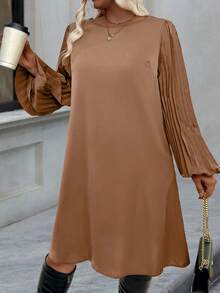 EMERY ROSE Plus Size Casual Solid Color Pleated Lantern Sleeve Dress, Autumn - Khaki - View 5