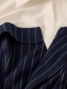 SHEIN Clasi Setelan Elegan 2 Potong Atasan Lengan Panjang dan Celana Panjang Motif Garis-Garis Warna Kontras Ukuran Plus - Navy Blue - View 4