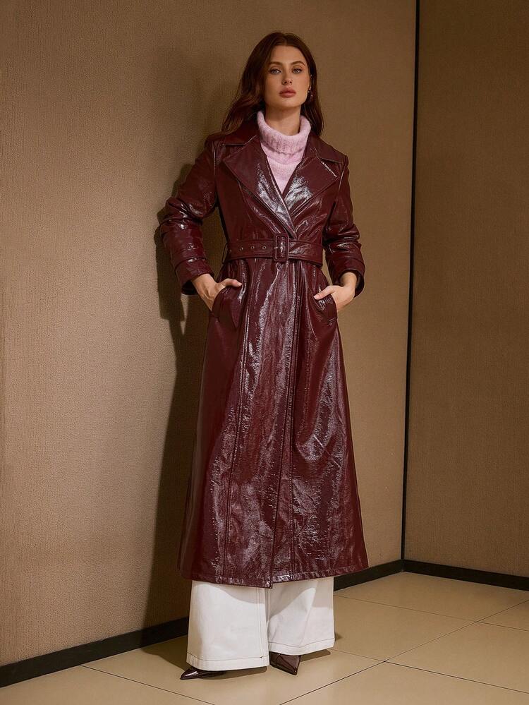 MOTF PREMIUM Casaco Trench Longo com Cinto, Gola de Couro PU e Fivela - Vinho - Visão 4