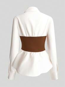 Franclia Women's Elegant Collared Long Sleeve Shirt With Waist Design And High-Waisted A-Line Skirt Two Pieces Set, Casual & Slimming, Brown - Brown - View 5