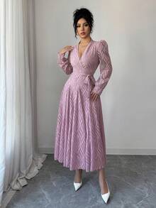 Modelyn Vestido mini con mangas abullonadas y cintura ceñida, diseño francés para mujeres - Morado - Ver 5