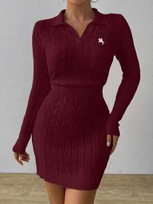 Rafferiza Pony Logo White Cable Knit Sweater, Embroidered Polo Collar Top, Fitted Sexy Dress - Burgundy - View 3