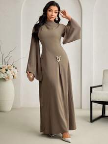 Veilorie 女士纯色立领褶裥优雅长袖阿拉伯连衣裙 - 摩卡棕 - 查看 5