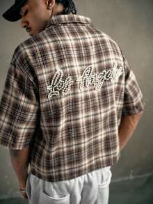 AXEPEAK Vintage American Plaid Pearl Studded Short Sleeve Shirt - Khaki - View 6