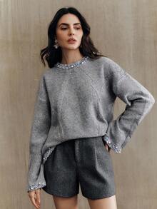 Anewsta Suéter suelto y elegante para mujer con diseño de malla floral con contraste de color, cuello redondo y tachuelas - Gris - Ver 4