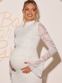 Loomaby 孕妇花卉蕾丝领喇叭袖褶皱鱼尾下摆修身优雅连衣裙 - 白色 - 查看 1