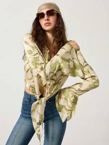 MYSTAURA Blusa holgada con cuello de volantes florales elegantes, manga larga acampanada y bajo asimétrico para mujer - Multicolor - Ver 6