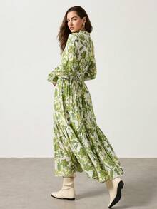 Cévolie 女士优雅印花绿色A字褶皱摆裙 - 綠色 - 查看 2