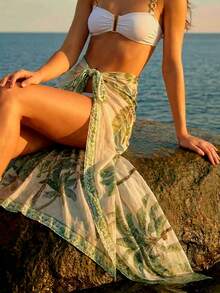 CAJUNI 波西米亚风绿色和米色棕榈树印花休闲夏季沙滩泳衣罩衫纱笼裙 - 綠色 - 查看 5