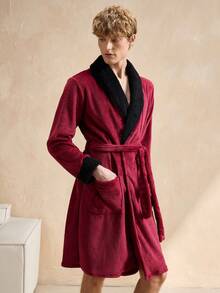 EverLounge Contrast Color Plush Men's Fluffy Robe With Waist Tie, Long Sleeve Loungewear For Autumn/Winter - Burgundy - View 5