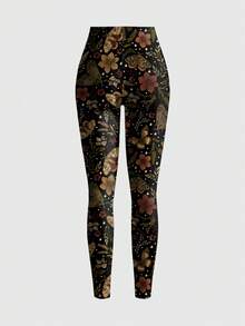 ROMWE Fairycore 大码女式黑色嬉皮花卉花园蝴蝶日月星空弹力高腰打底裤 - 黑色 - 查看 2