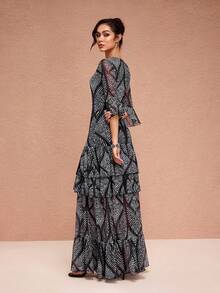 JIAN LASALA All-Over Print Mesh V Neck Ruffled Sleeves Layered Maxi Dress Women Party Vacation Holiday Wear Maxi Dresses With Sleeve Tiered Maxi Dress Boho Maxi Dress Women Long Boho Dress Beach Wedding Guest - Black and White - View 1