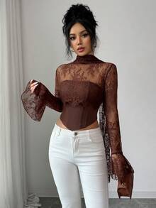 Elenzga ملابس علوية جديدة بلون أحادي مزينة بالدانتيل المثير، أكمام طويلة مكشكشة، خط مقسم أمامي على شكل سمكة، رباط طويل للرقبة، ملابس علوية نسائية مناسبة للحفلات والهالوين والكريسماس والمناسبات العطلات والمواعيد وعيد الحب - بني - مشاهدة 8