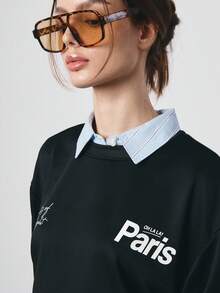 SURIMA Casual Minimalist Printed Pattern Cropped Loose Fit Women Sweatshirt - Black - View 5