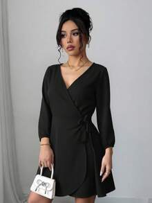 Vestido corto dama mujer mini con mangas elegante casual dulce romántico cuello v sofisticado moderno ligero cómodo versátil uso diario - Negro - Ver 2