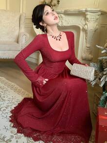 DAZY Women's Elegant Silver Lace Patchwork Mid-Length Dress, Autumn/Winter - Burgundy - View 9
