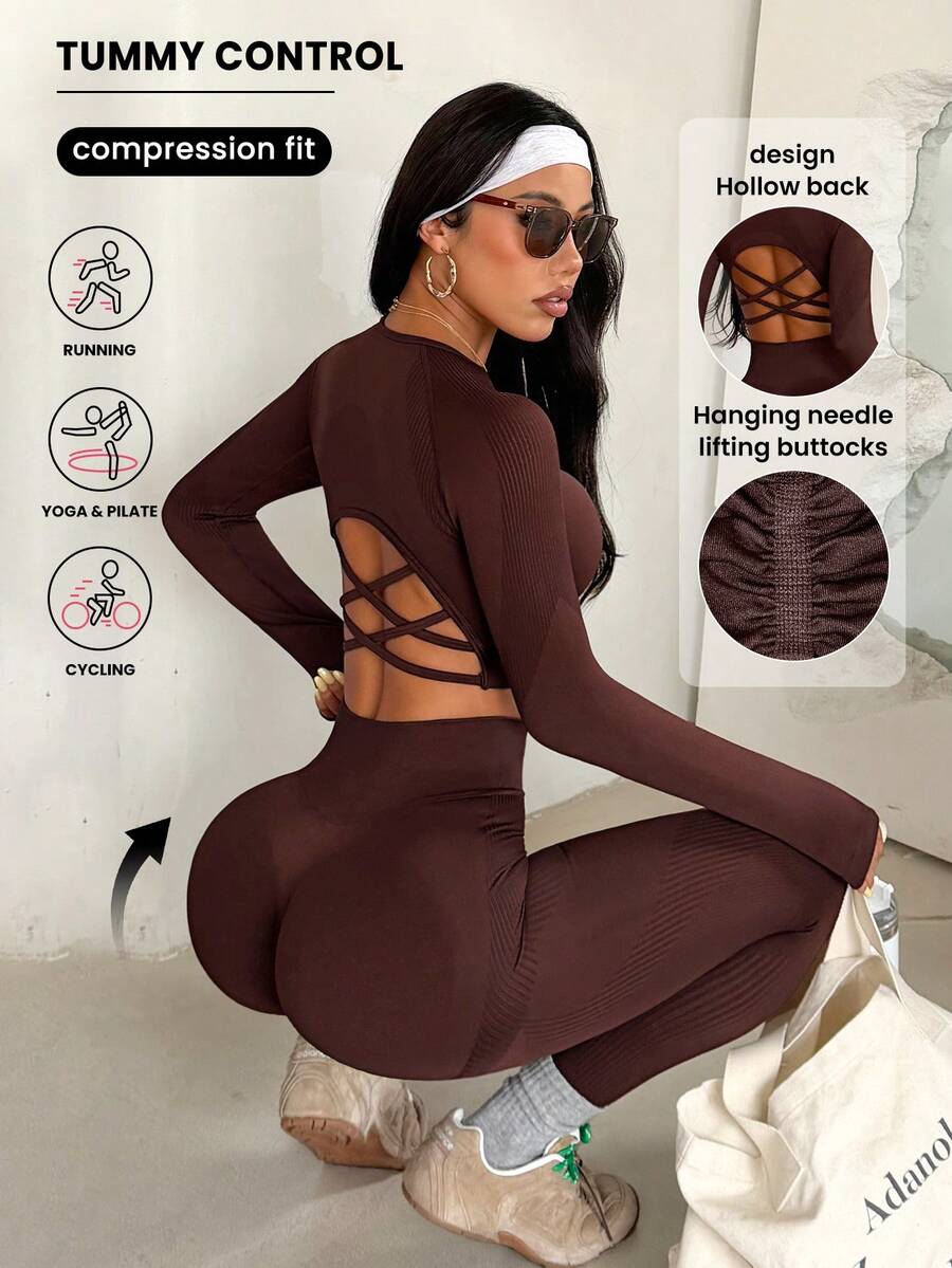 Dewbera Set de 2 piezas de top de manga larga y pantalones pitillo de unicolor, conjunto deportivo sin costuras para mujeres - Café integral - Ver 1