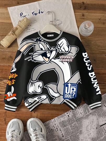 LOONEY TUNES X SHEIN 青少年男孩字母与卡通兔子图案圆领长袖落肩超大款卫衣