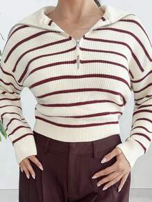 MDEdit 休闲条纹长袖半拉链套头衫秋季 - 酒紅色 - 查看 3