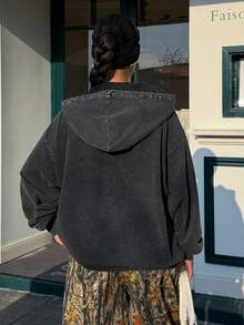 SHEIN EZwear 女士秋冬连帽卫衣，铆钉装饰，做旧雪洗设计 - 黑色 - 查看 2