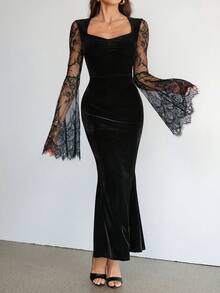 SHEIN Tall 哥特风甜心领蕾丝喇叭袖丝绒修身连衣裙，优雅性感，适合万圣节派对、春夏穿着。 - 黑色 - 查看 8