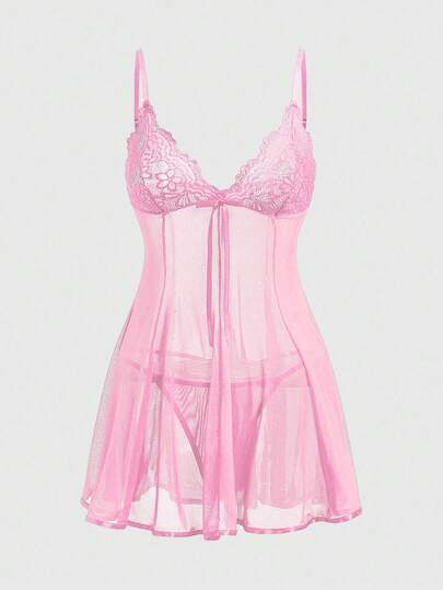 J-Fashion Conjunto de vestido transparente sexy con parches de encaje y malla, estilo vanguardista Y2K