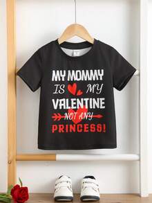Young Boy Casual Minimalist Letter & Valentine's Day Graphic Round Neck Short Sleeve T-Shirt, Suitable For Summer - Black - View 6