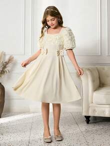 Tween Girls Elegant Party Solid Color 3D Floral Decor Dress - Apricot - View 5