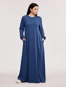 Veilorie 女士休闲纯色长款阿拉伯风格连衣裙，春秋季节，朴素长袖连衣裙，非常适合海滩/休闲/度假/家居服/日常穿着 - 藍色 - 查看 1