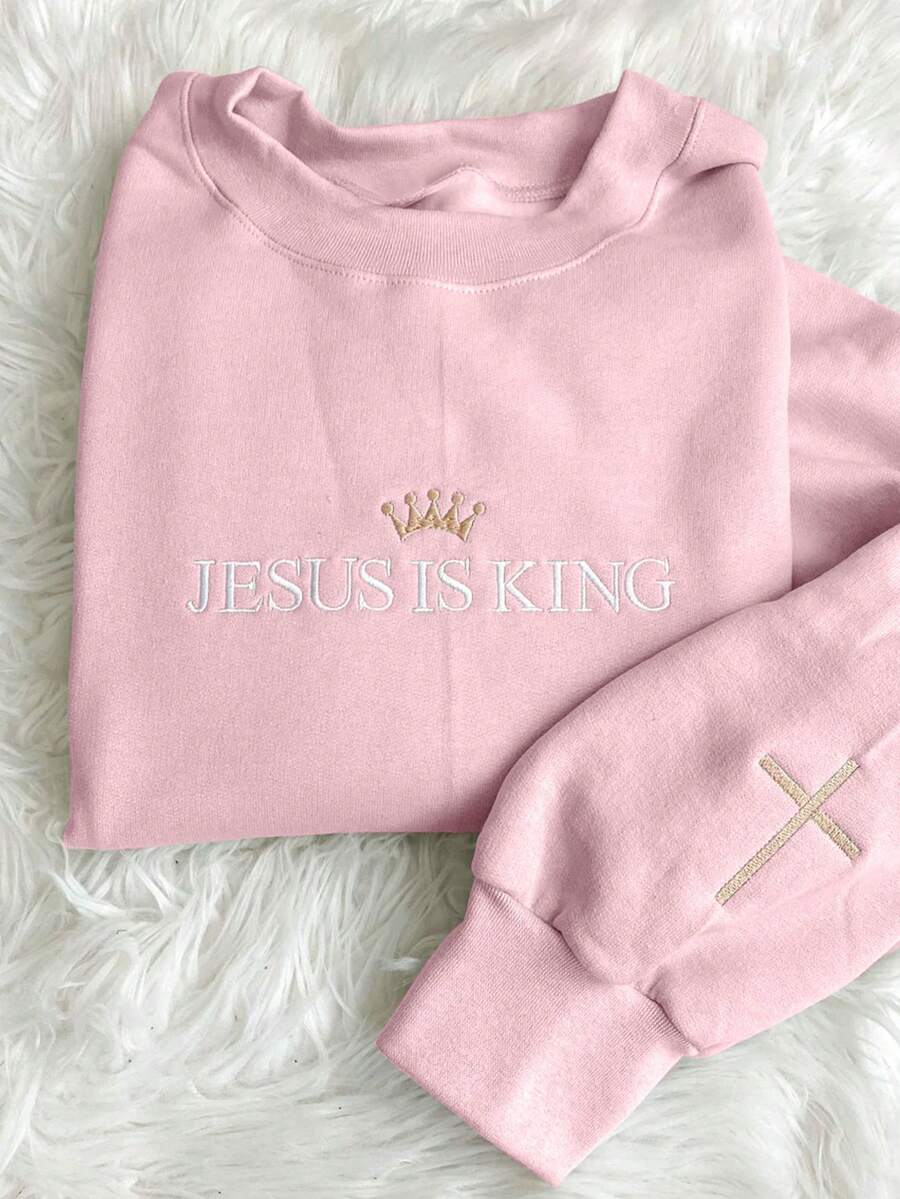 Áo nỉ cổ tròn thêu hình Chúa Jesus là Vua dành cho nữ, Áo chui đầu thường ngày theo đạo Thiên Chúa cho mùa thu/đông, lễ tốt nghiệp, giáo viên, mùa thu trở lại trường - Hồng - Xem 1