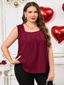 EMERY ROSE Regata Solta de Malha Canelada com Decote Quadrado e Pregas Dobradas, Casual/Commute, Cor Sólida, Plus Size, Verão para Mulheres