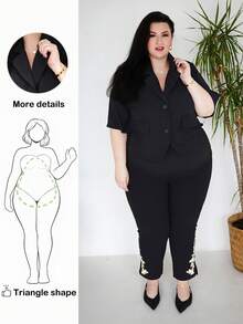 Truni Plus Size Women's V-Neck Short Sleeve Casual Blazer Graduation,Back To School,Teacher Outfits For Women In Fall/Winter, For Pear Triangle Body Shape, For Body Shape, For Summer - Black - View 1