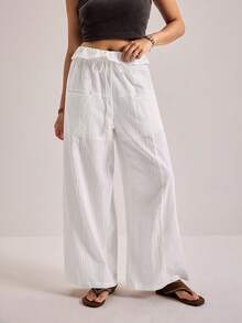 Freevana Plus Size Women Casual Drawstring Waist Loose Wide Leg Pants, Solid Color, Versatile For Vacation, Daily Commute White Pants  Casual Wide-Leg Pants - White - View 3