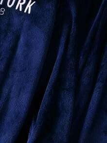 Conjunto de pijama de lã para adolescentes, blusa de manga comprida azul marinho e calça comprida, bordado minimalista em inglês e números brancos, roupa de dormir casual para usar em casa. - Azul marinho - Ver 4
