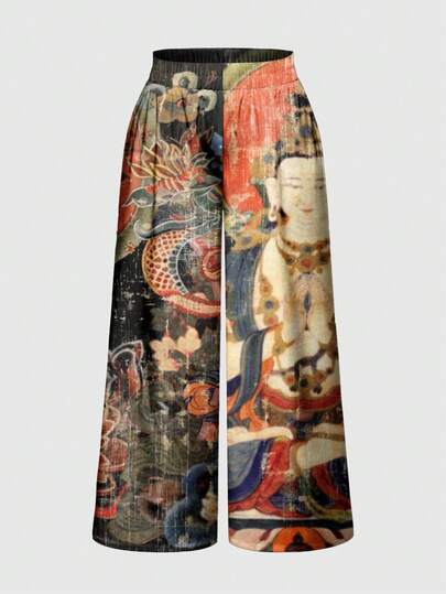 ROMWE Avant Pantalones de pierna ancha para mujer con estampado de flor de loto y budista de estilo chino