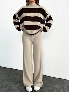 EURMUSE Striped Pattern Drop Shoulder Sweater & Knit Pants, Tall Women - Multicolor - View 4