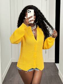 BamGleam Damen Langarm Strickjacke, einfarbig gelb, Knopfverschluss, retro-lässiger schicker minimalistischer Street-Style, Winter für Damen