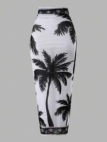 Swim Oasis Conjunto de 2 peças de Roupa de Praia Casual 2026 Nova Primavera/Verão Feminino, Maiô Estampado e Saia Longa de Tule - Preto e Branco - Visão 6