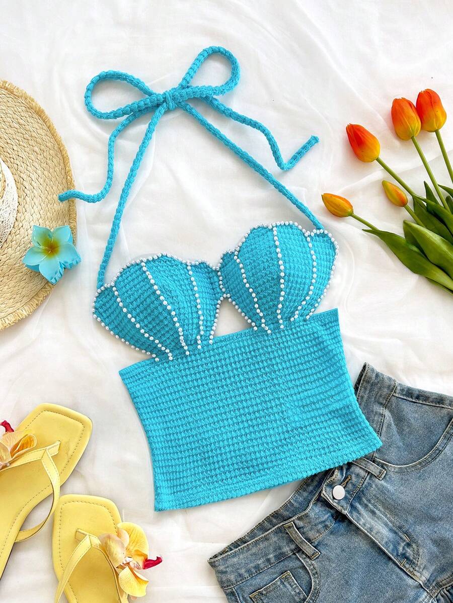 Soleia Pearl Shell Halter Backless Tie Neck Fitted Camisole, Bohemian, Boho, Vacation, Beach, Cruise, Summer - Blue - View 1