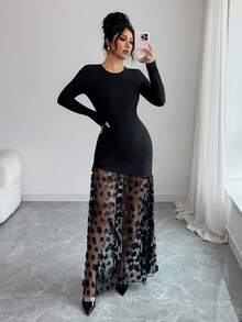 Rafferiza 女士圆领长袖拼接贴花网纱下摆优雅连衣裙 - 黑色 - 查看 7