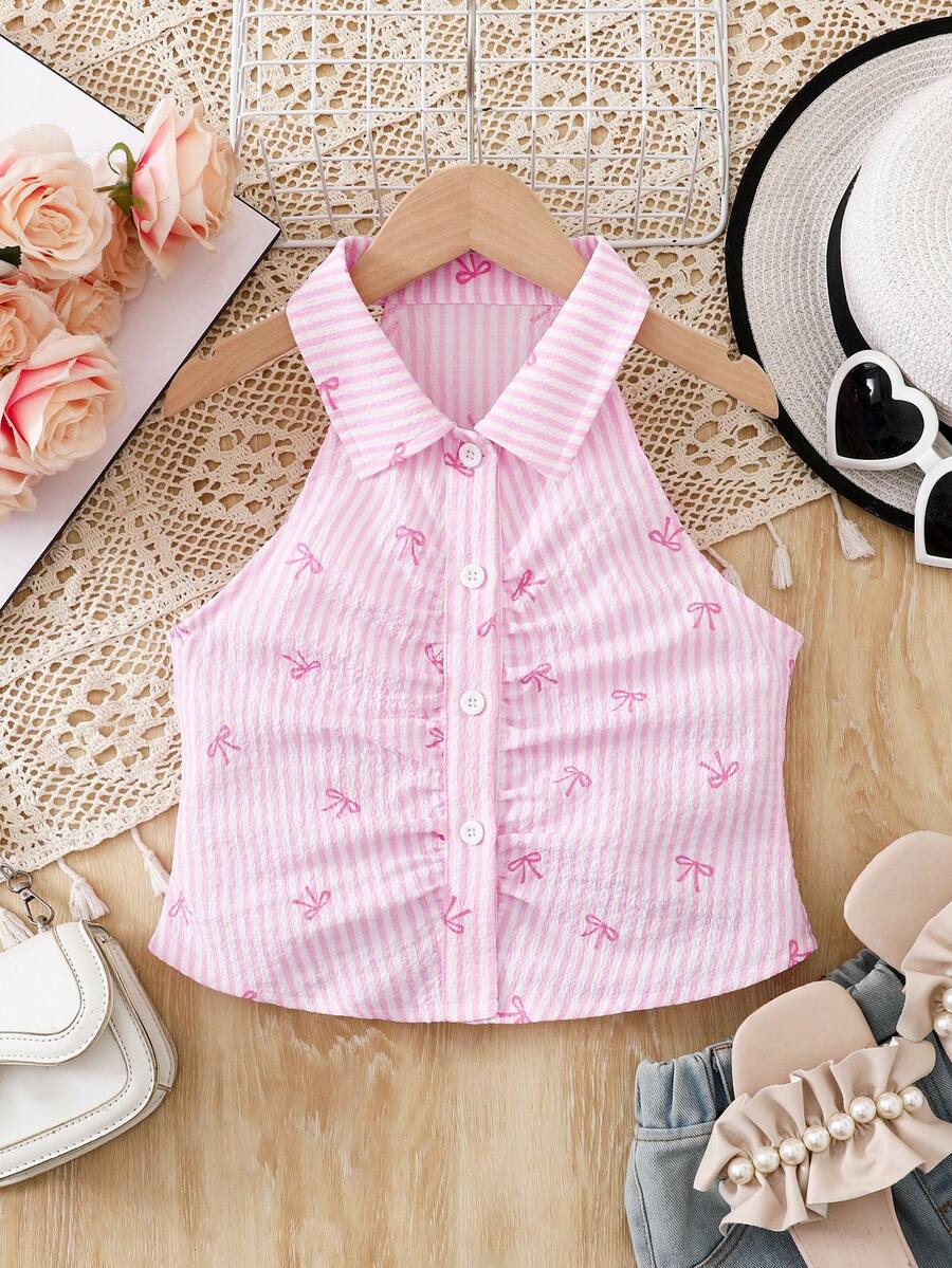 少女夏季休闲条纹蝴蝶结印花露背衬衫