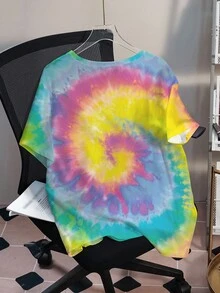 SHEIN X Care Bears Plus Size Summer Casual Tie-Dye Bear Print Round Neck Short Sleeve T-Shirt - White - View 2