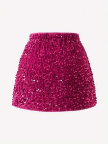 Sparklyn Young Girls' Elegant Fuchsia Sequin Fabric Skirt. The Sequin Fabric Design Is Adorable And Unique, Exuding A Youthful Charm. Girls Wearing This Skirt Will Look Elegant And Festive, Allowing Them To Showcase Their Special Style. - Hot Pink - View 2