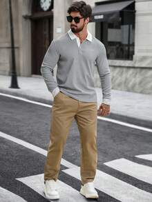 Manfinity CasualCool 男士休闲撞色长袖Polo衫，秋季男士针织衫，男士翻领Polo衫，男士长袖Polo衫 - 淺灰色 - 查看 6