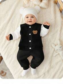 SHEIN Chaqueta de béisbol de contraste de color blanco y negro para bebé recién nacido niño/niña con parches bordados, simple y de moda, pantalones de unicolor suaves y cómodos, adecuados para el hogar, al aire libre, deportes