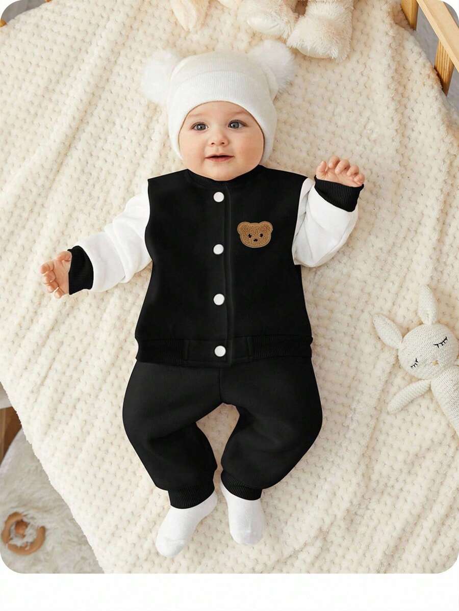 SHEIN Chaqueta de béisbol de contraste de color blanco y negro para bebé recién nacido niño/niña con parches bordados, simple y de moda, pantalones de unicolor suaves y cómodos, adecuados para el hogar, al aire libre, deportes