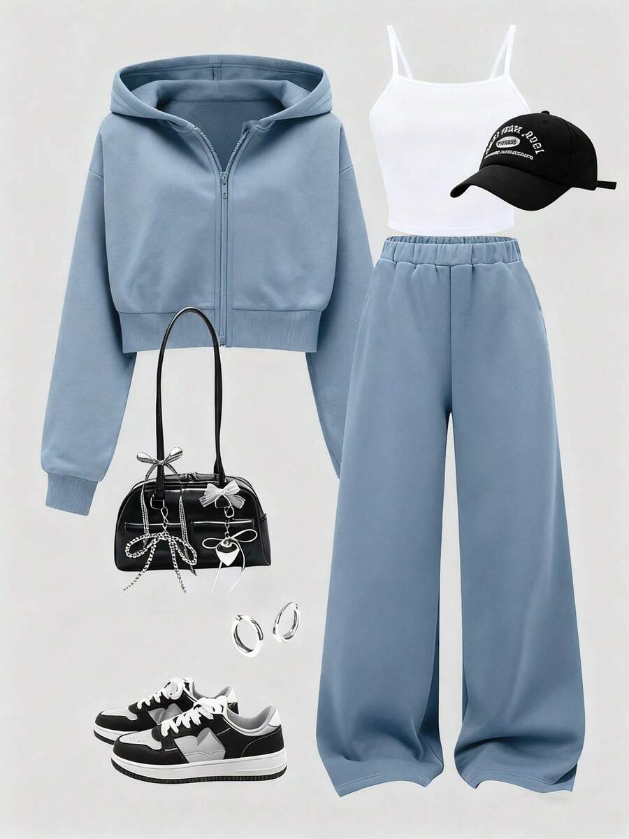 3 pièces/Set Filles Décontracté Minimaliste Camisole + sweat-shirt à capuche Zippé Court + Pantalon Jambe Large, Convient pour le Port Quotidien - Multicolore - Voir 1