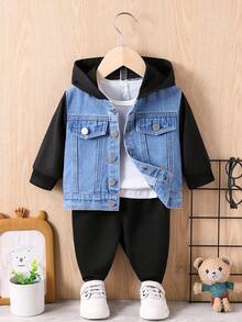SHEIN Bộ 2 món/Bộ áo trùm đầu màu khối cho bé trai và quần màu trơn - màu đen - Xem 4