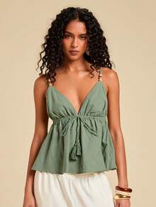 Travachic Beaded Knotted Casual Vacation Backless Camisole, Carnival,Spring Break Outfits, Summer Outfits, Valentine's Day, Beach Outfits, Casual Vacation Outfits, Going Out Outfits - Green - View 6